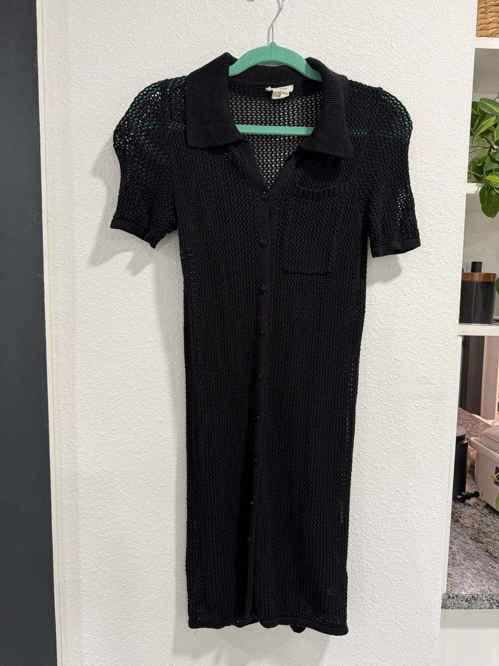 Haute Hippie Black Open Knit Mesh Button Front Midi Dress Size S Collared